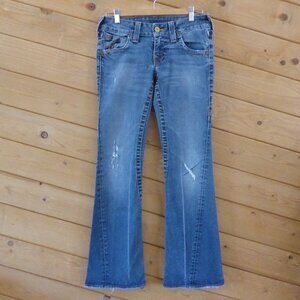 Blue Religion Light Blue Low Rise Boot Legs Yellow Button Flap Pockets Jeans 28